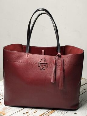 Tory Burch McGraw Leather Tote- Wine Red with Black Handles